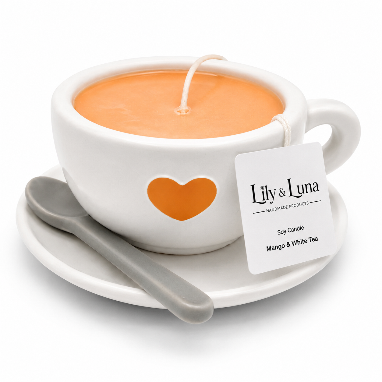 Mango & White Tea in Plaster Tea Cup & Resin Tea Spoon Candle
