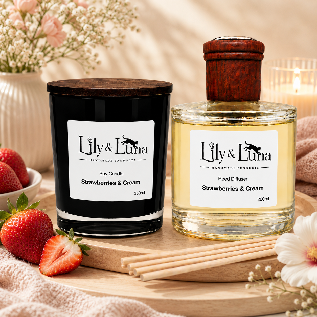 Soy Candle & Reed Diffuser Duo - Strawberries & Cream