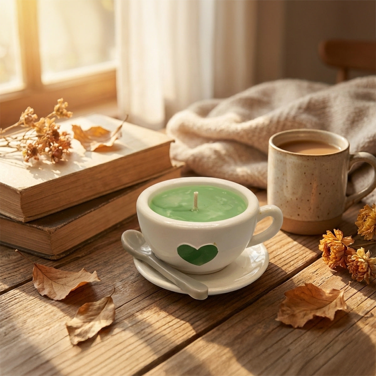 Green Tea & Lemongrass Tea Cup & Resin Tea Spoon Candle