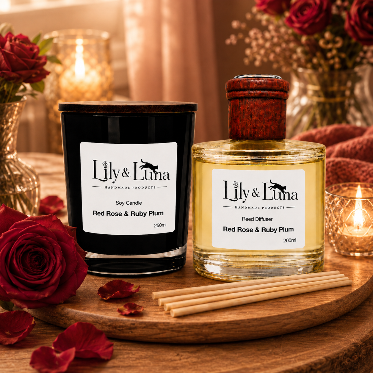 Soy Candle & Reed Diffuser Duo - Red Rose & Ruby Red