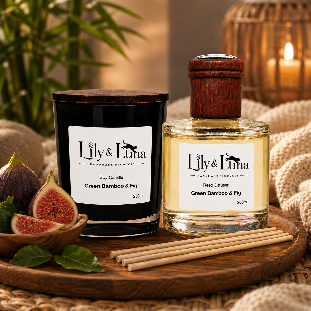 Soy Candle & Reed Diffuser Duo - Green Bamboo & Fig