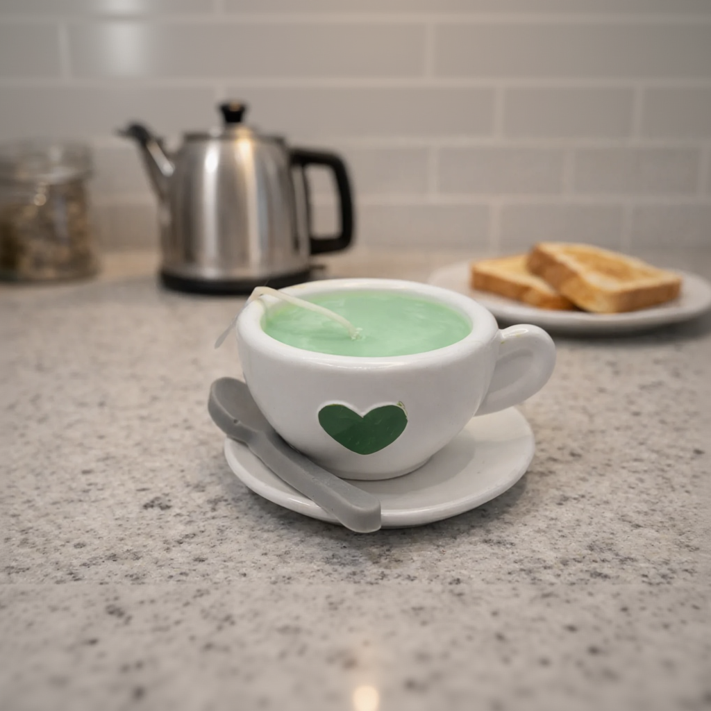 Green Tea & Lemongrass Tea Cup & Resin Tea Spoon Candle